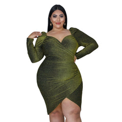 European and American plus size women's V-neck irregular short skirt slim sexy slim evening dress dress