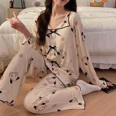 Spring and autumn new pajamas female modal small lapel cardigan long-sleeved trousers sweet girl home service suit