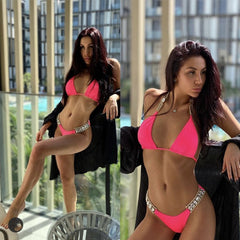 Explosive new cross-border swimsuit crystal diamond women's swimwear plain color strappy halter bikini