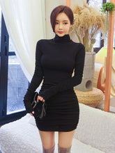 Korean Women Dress Temperament Casual Basic Simple Long Sleeve Folds Bodycon Skinny Slim Mini Party Club Stretchy Mujer Vestidos