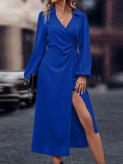 ZANZEA Sexy Lapel Collar Dresses Women Elegant Pleats Waisted Long Vestido Long Puff Sleeve Wrap Dress Holiday Solid Midi Robes