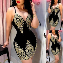 Women's Slim Print Fashion Sling Spaghetti Bodycon Lace Strappy Ladies Evening Party Mini Short Dress Size S XL V Neck