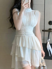 2023 atmosphere high-end sleeveless dress women's summer pure and sweet pleated white skirt slim waist cake skirt