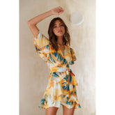 New Short Sleeve V Neck Irregular Skirt Lace Up Print Dress Women