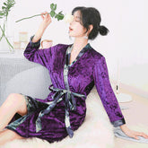 Pajamas nightgown gold velvet printed side long-sleeved suspenders two-piece V-neck se xy home wear