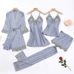 Five-piece pajamas women's summer thin ice silk suspender nightdress nightgown set