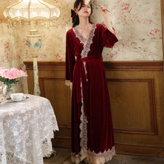 Women Two Pieces Gold Velvet Night Dress Autumn Winter Warm Velour Robe Sets Nightwear Vintage Nightgowns Sleepwear pajamas Homewear