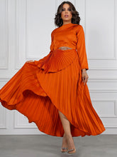 Orange satin elegant waist pleated dress