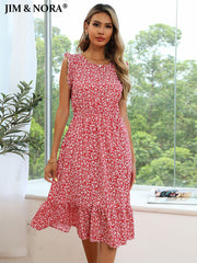 Elegant Printed Casual Beach Midi Dresses Women Summer O-neck Ruffle Sleeve A-Line Dress Sundress Vestido Robe