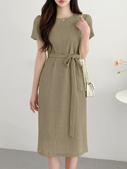 ZAZNEA Causal Loose Dress Ladies Elegant Work Vestido Women Summer Short Sleeeve Solid Sundress Fashion Loose Lace Up Dresses