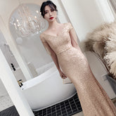 Hot selling new evening dress women 2021 new champagne golden annual meeting banquet aura queen temperament fishtail dress sexy