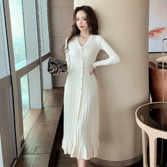 Fashion Korean Vintage V-Neck Single-breasted Long Sleeve Elasticity Midi Dress Women Casual Bodycon Skinny Knitted Ruffle Dress