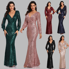 European and American women's dress multi-color large size long-sleeved V-neck sequined mermaid evening dress