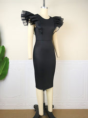 AOMEI Elegant Dresses Bodycon Women Sexy Stylish Sleeves Slim O Neck Mesh Ruffled High Waist African Event Vestido Classy Gowns