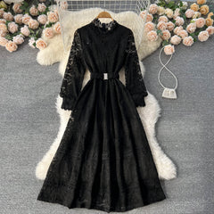 Elegant banquet round neck long-sleeved heavy lace embroidery hollow dress temperament dress