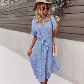 Women's Flower Dress 2023 Summer Casual Short Sleeve Button Up Holiday Midi Dress Women V Neck Beach Boho Style Dress Elegant Robe