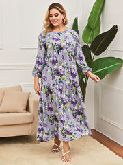 Plus Size Women's Elegant Fashion Round Neck Lantern Sleeve Stitching Print Dress Long Dress