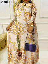 VONDA Elegant Dresses For Women 2022 Vintage Random Printed O Neck Long Sleeve A-Line Vestidos Bohemian Party Casual Summer Plus Size Long Dresses