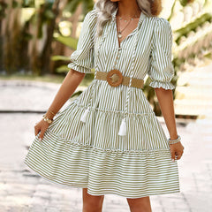 2023 فستان صيفي مزاجه ركاب تنورة قصيرة مخططة برقبة على شكل حرف V