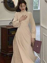 Elegant Midi Women's Designer French Classical Clothing Ladies Spring Autumn Korean Dress 2023