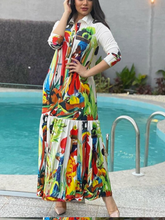 shirt collar vintage print maxi dress
