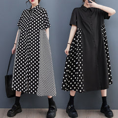 European station fashion large size women's 2023 summer fashion wave dot print splicing style dress slimming shirt skirt