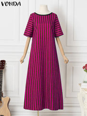 VONDA Elegant Dresses For Women 2022 Stripe O Neck Short Sleeve A-Line Vestidos Bohemian Party Casual Summer Plus Size Long Dresses