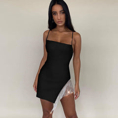 Elegant Party Dress Women Sexy Diamond Tassel Spaghetti Strap Backless Split Bodycon Dress