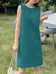 ZANZEA Women Elegant Dresses Solid O-Neck Sleeveless Knee Length Dress Fashion Holiday Casual Loose Ladies Vestido Plus Size