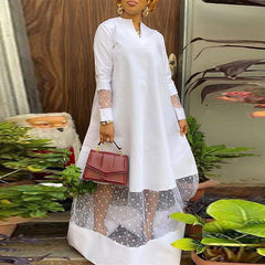 فستان VONDA نسائي أوروبي وأمريكي أسود كبير الحجم بلون موحد، مزاج أنيق، نمط العطلة، خياطة شبكية، رقبة على شكل حرف V، تنورة فضفاضة بأكمام طويلة على شكل حرف A، تنورة كبيرة الخط، أزياء الربيع والصيف اليومية، تنورة طويلة تناسب الجميع