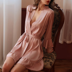Ladies sexy pajamas desire simulation silk lotus cuff cardigan robe nightgown