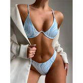 Popular split swimsuit women's solid color printing water ripple sexy bikini women's swimsuit