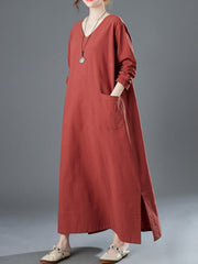 Ladies spring new retro cotton and linen V-neck plus fat to increase long-sleeved dress robe