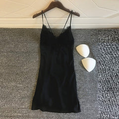 Women Sexy Nightgowns Solid Color Sleepwear Plus Size Sling Nightdress Ice Silk Comfy Homewear Removable Chest Pad Lace Lingerie