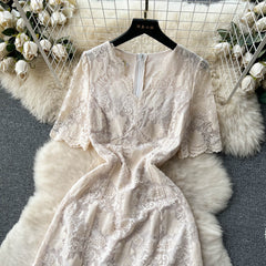 French celebrity style high-end lace puff sleeve V-neck dress female waist slimming dress