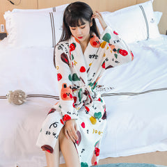 Coral fleece nightgown women's autumn and winter thickened mid-length flannel pajamas nightdress two-piece set warm bathrobe