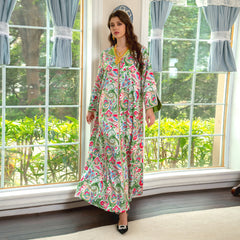 Southeast Asia new color-blocking dress lapel printing Kaftan Middle East Arabian ethnic style hot diamond Jalabiya rhinestone elegant dress