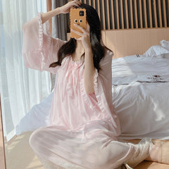 Young Lady Sweet Mesh Long Nightdress Pink Lace Bow Trim Nightgown Summer Autumn Sleepwear Dreamy Home Dress Sexy Nightwear