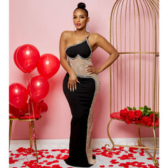 European and American Dress Women's Sexy Mesh Perspective Hot Diamond Suspender Long Dress