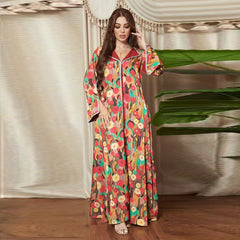 Summer Arabian Dubai Printed Dress Muslim Dress Soft Satin Stitching Bright Fashion Jalabia Robe