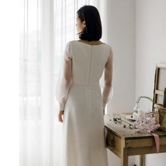 French light wedding dress super simple white satin bride go out gauze V-neck long-sleeved party daily dress female