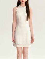 2023 فستان اللؤلؤ الفرنسي المرأة الصيف الراقية مزاجه خارج الكتف معلقة الرقبة الخصر فستان سليم بلا أكمام 5*30