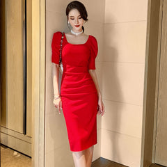 French Style Vintage Square Collar Puff Sleeve Midi Party Dress Ladies OL Elegant Streetwear Backless Female Bodycon Split Dress