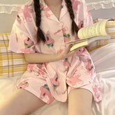 Pajama Sets SummerTurn-down Collar Short Sleeve Women Summer Character Printed Thin Trendy Womens 2pcs Pyjamas nightgown