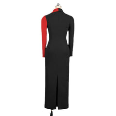 Lapel Long Sleeve Patchwork Contrast Buttons High Waist Costumes Women's Dresses