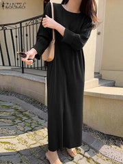 ZANZEA Elegant Long Dresses For Women Causal Loose Full Sleeve Spring Dress Female O Neck Solid Vestidos Work Robe Femme