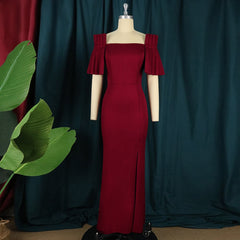 Sexy Off Shoulder Slash Neck Slit Ruffles Bodycon Dress Party Dresses Women Evening Elegant Package Hip African Long Maxi Dress