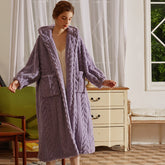 Pajamas women's new style flannel thickened long jacquard Shu cotton velvet large size hooded pocket home wear manufacturer