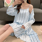 Spring Silk Pajamas Women's Long-sleeved Nightgown Suspenders Suit Women's Thin Section Sexy Home Wear Large Size