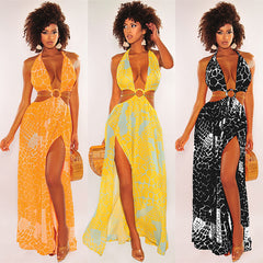 فستان فضفاض أوروبي وأمريكي للسيدات 2021 فستان بحمالات مطبوع جديد بدون أكمام وتنورة طويلة